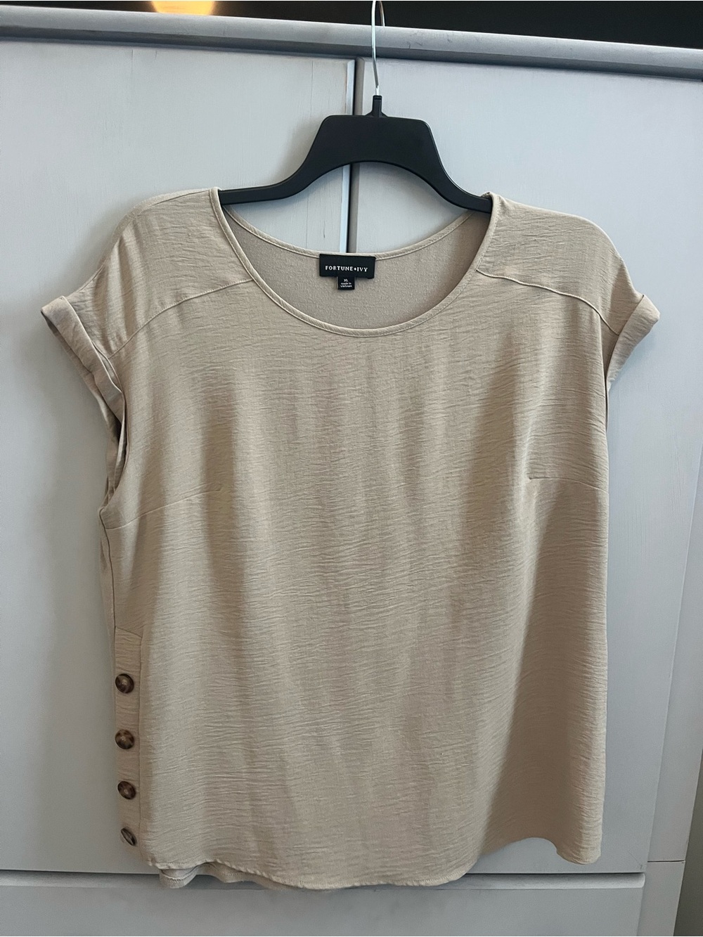 Fortune + Ivy Beige Short Sleeve Scoop Neck Blouse with Side Button Detail